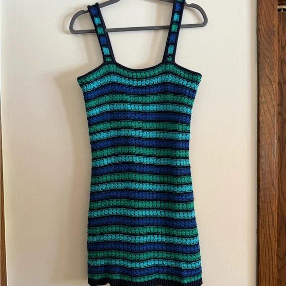 GAP Crochet Blue and Green Striped Mini Dress Preppy Bohemian Indie Bodycon - Picture 5 of 8